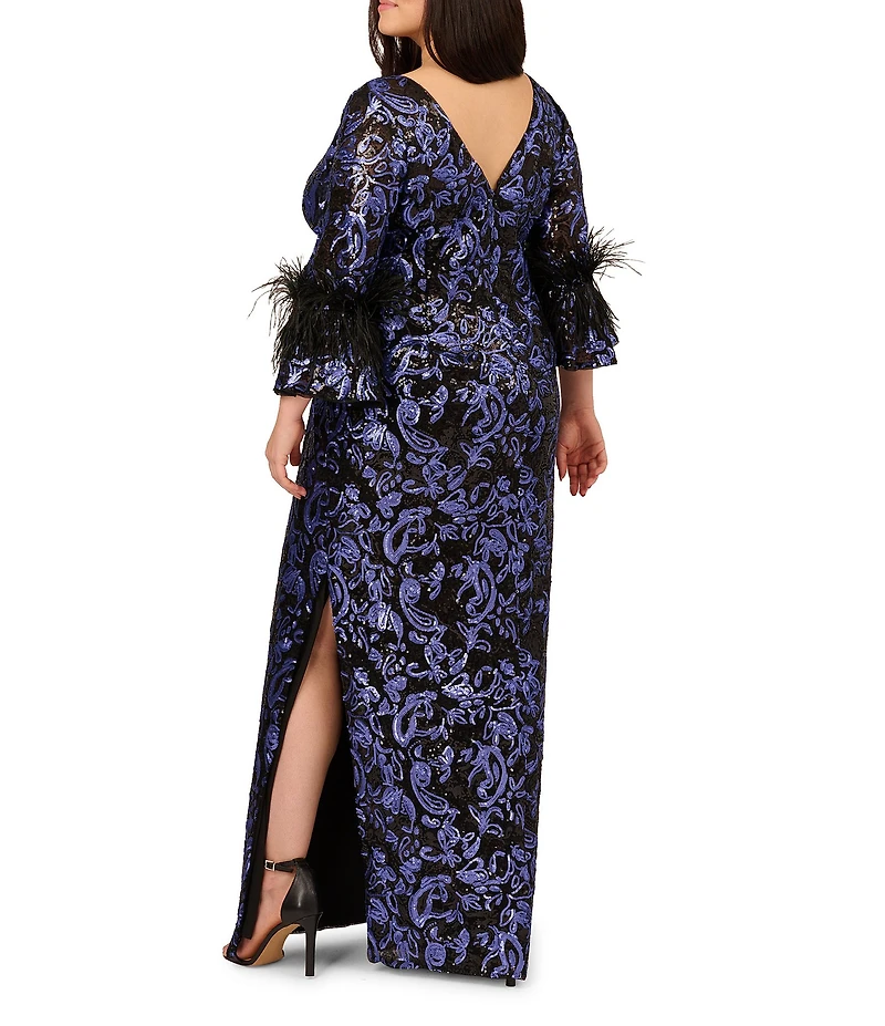Adrianna Papell Plus Size Floral Sequin Embroidered 3/4 Feather Sleeve Slim Column Gown