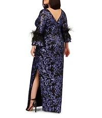 Adrianna Papell Plus Size Floral Sequin Embroidered 3/4 Feather Sleeve Slim Column Gown