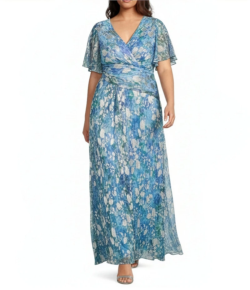 Adrianna Papell Plus Size Foiled Floral Print Surplice V-Neck Short Flutter Sleeve Gown