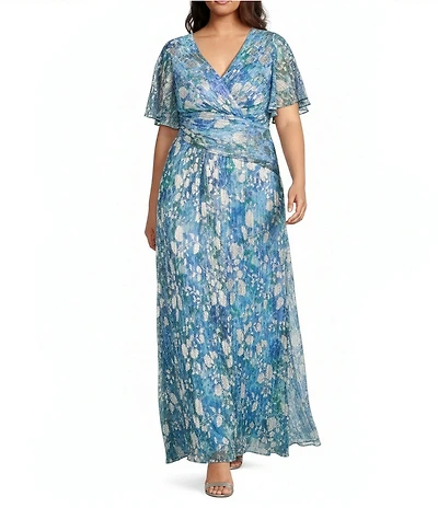 Adrianna Papell Plus Size Foiled Floral Print Surplice V-Neck Short Flutter Sleeve Gown