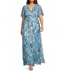 Adrianna Papell Plus Size Foiled Floral Print Surplice V-Neck Short Flutter Sleeve Gown
