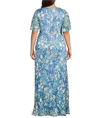 Adrianna Papell Plus Size Foiled Floral Print Surplice V-Neck Short Flutter Sleeve Gown