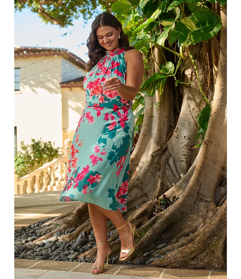 Adrianna Papell Plus Size Halter Neck Floral Print Blouson Midi Dress