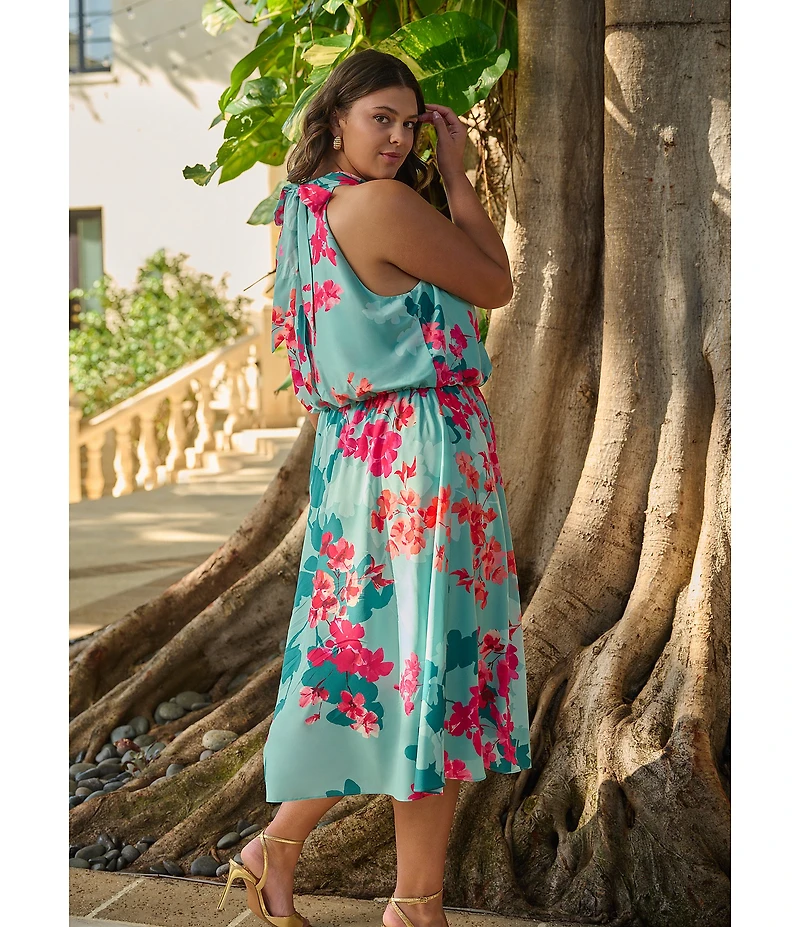 Adrianna Papell Plus Size Halter Neck Floral Print Blouson Midi Dress