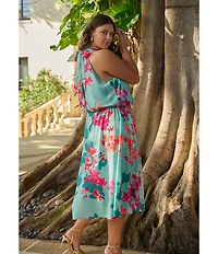 Adrianna Papell Plus Size Halter Neck Floral Print Blouson Midi Dress