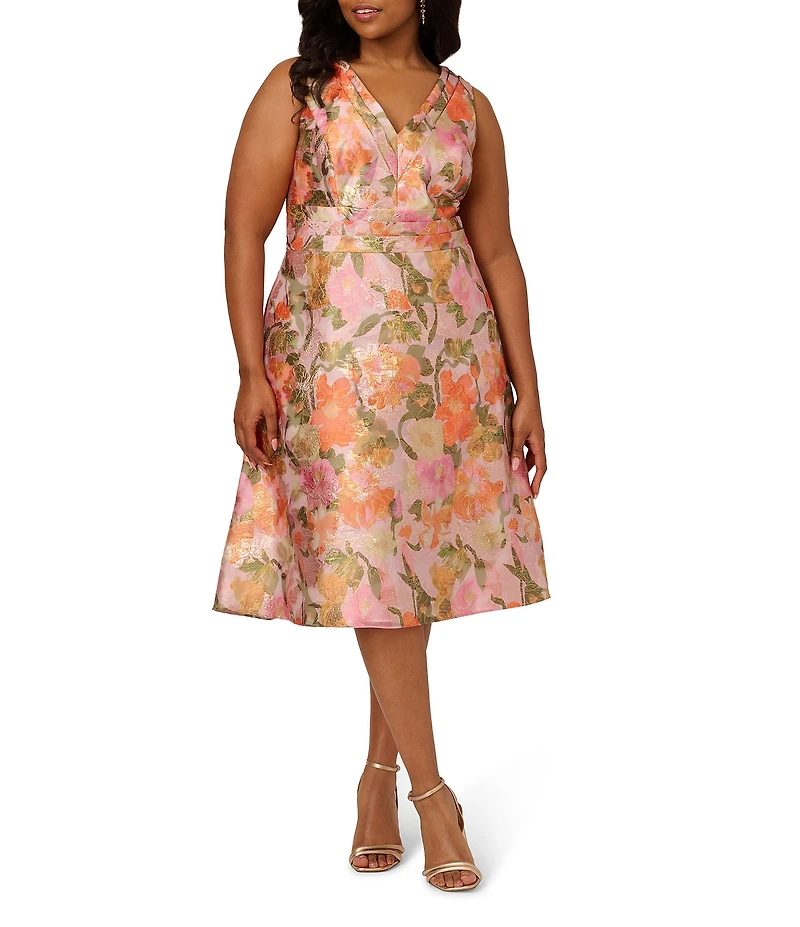 Adrianna Papell Plus Size Jacquard Floral Print V-Neck Sleeveless A-Line Midi Dress