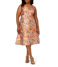 Adrianna Papell Plus Size Jacquard Floral Print V-Neck Sleeveless A-Line Midi Dress