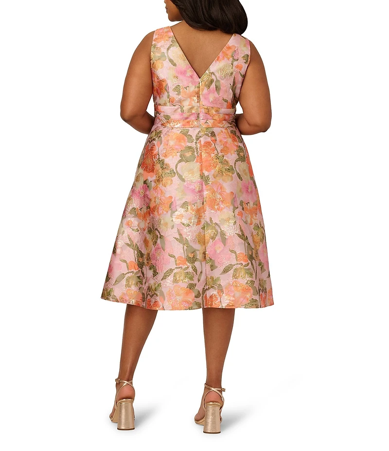 Adrianna Papell Plus Size Jacquard Floral Print V-Neck Sleeveless A-Line Midi Dress