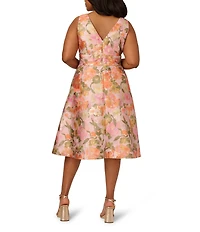 Adrianna Papell Plus Size Jacquard Floral Print V-Neck Sleeveless A-Line Midi Dress
