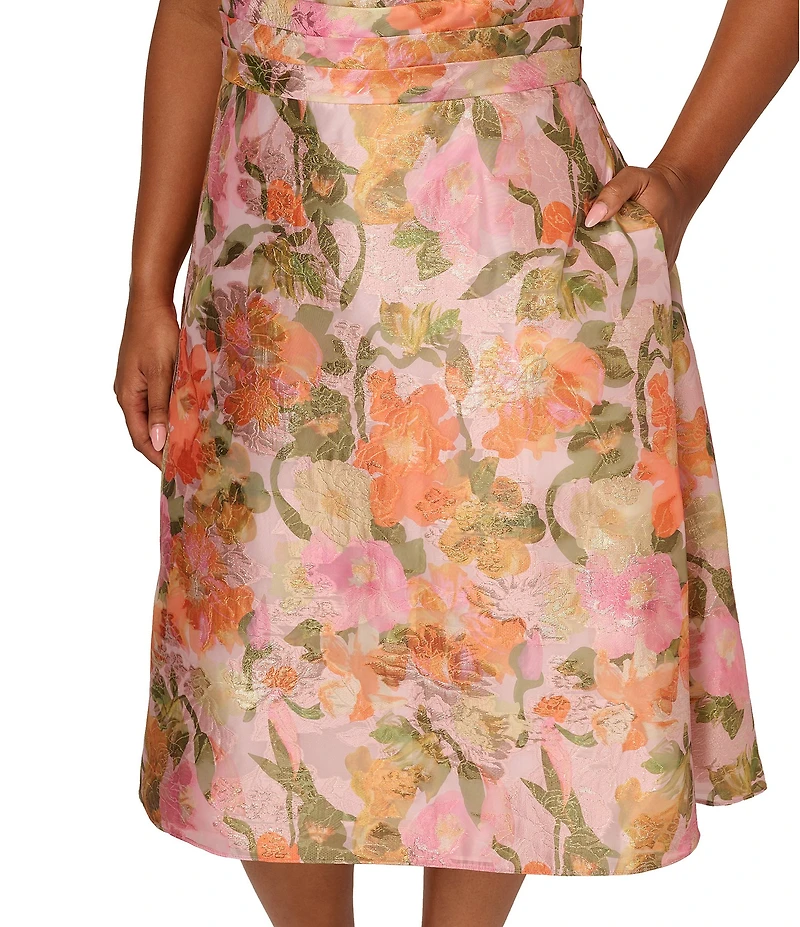 Adrianna Papell Plus Size Jacquard Floral Print V-Neck Sleeveless A-Line Midi Dress