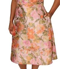 Adrianna Papell Plus Size Jacquard Floral Print V-Neck Sleeveless A-Line Midi Dress