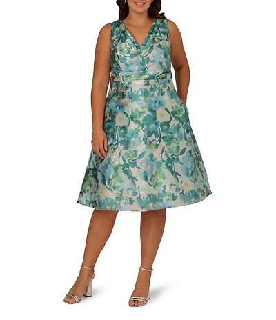 Adrianna Papell Plus Size Jacquard Floral Print V-Neck Sleeveless A-Line Midi Dress