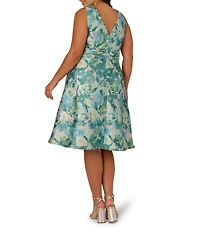 Adrianna Papell Plus Size Jacquard Floral Print V-Neck Sleeveless A-Line Midi Dress