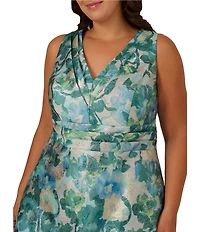 Adrianna Papell Plus Size Jacquard Floral Print V-Neck Sleeveless A-Line Midi Dress