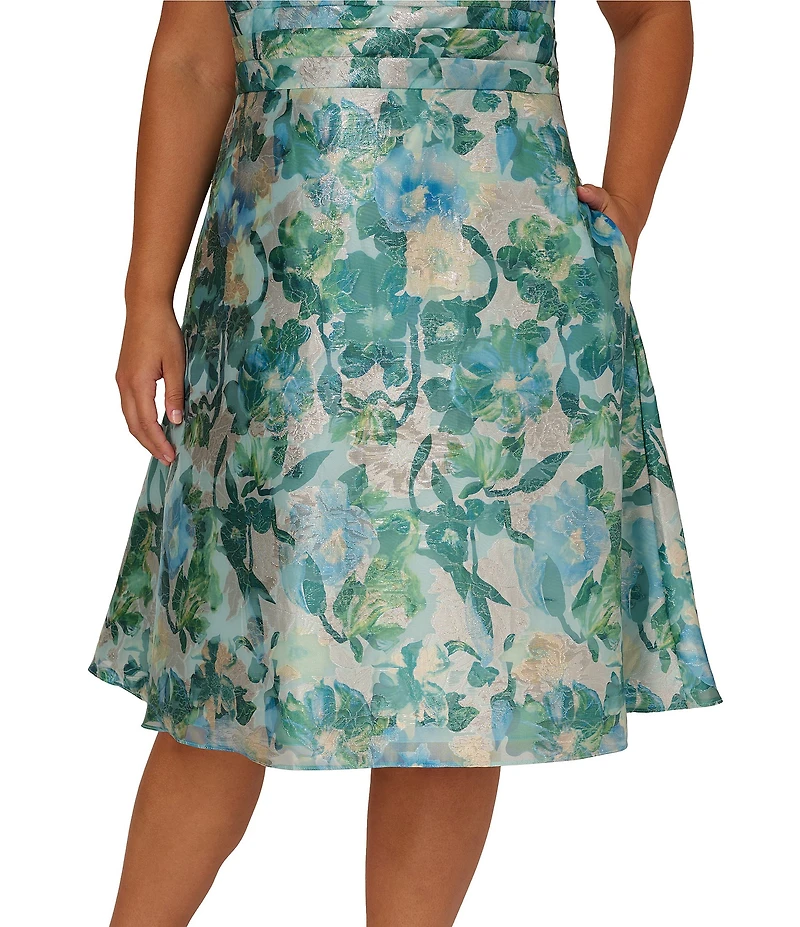 Adrianna Papell Plus Size Jacquard Floral Print V-Neck Sleeveless A-Line Midi Dress