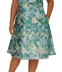 Adrianna Papell Plus Size Jacquard Floral Print V-Neck Sleeveless A-Line Midi Dress