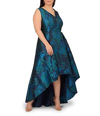 Adrianna Papell Plus Size Jacquard Floral Print V-Neck Sleeveless High Low Skirt Gown