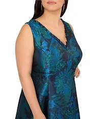 Adrianna Papell Plus Size Jacquard Floral Print V-Neck Sleeveless High Low Skirt Gown
