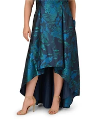 Adrianna Papell Plus Size Jacquard Floral Print V-Neck Sleeveless High Low Skirt Gown