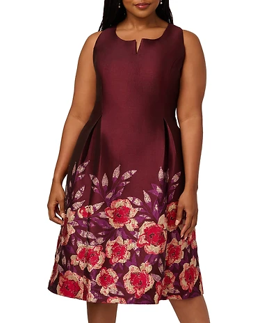 Adrianna Papell Plus Size Jacquard Notch Scoop Neck Floral Print Pleated Sleeveless Midi Dress