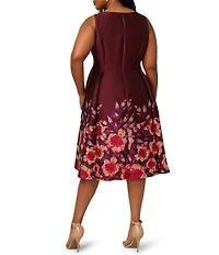 Adrianna Papell Plus Size Jacquard Notch Scoop Neck Floral Print Pleated Sleeveless Midi Dress