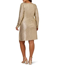 Adrianna Papell Plus Size Long Sleeve V-Neck Metallic Foiled Knit Draped Dress