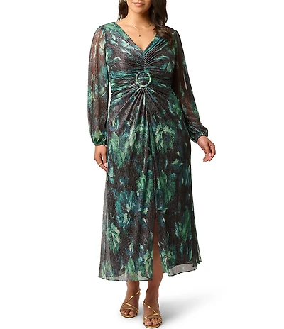 Adrianna Papell Plus Size Metallic Floral Mesh Long Sleeve V Neck Dress