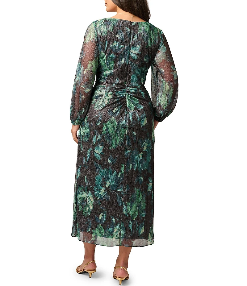 Adrianna Papell Plus Size Metallic Floral Mesh Long Sleeve V Neck Dress