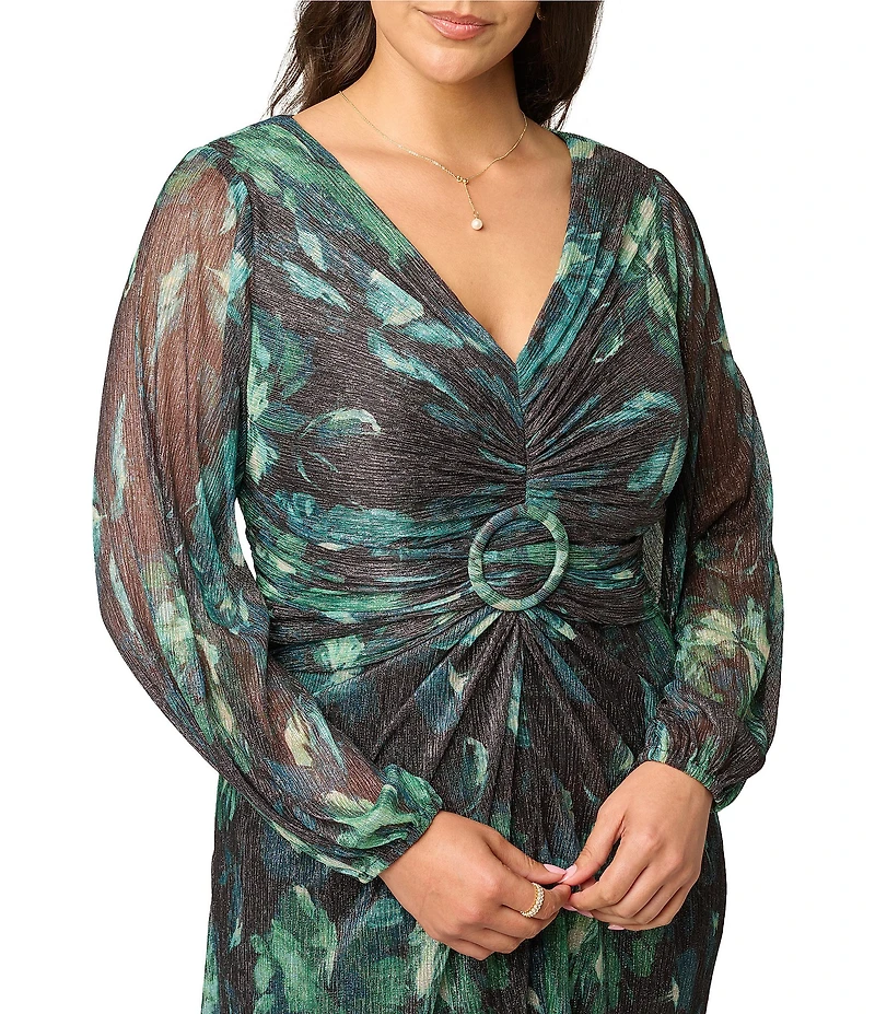 Adrianna Papell Plus Size Metallic Floral Mesh Long Sleeve V Neck Dress