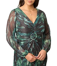 Adrianna Papell Plus Size Metallic Floral Mesh Long Sleeve V Neck Dress