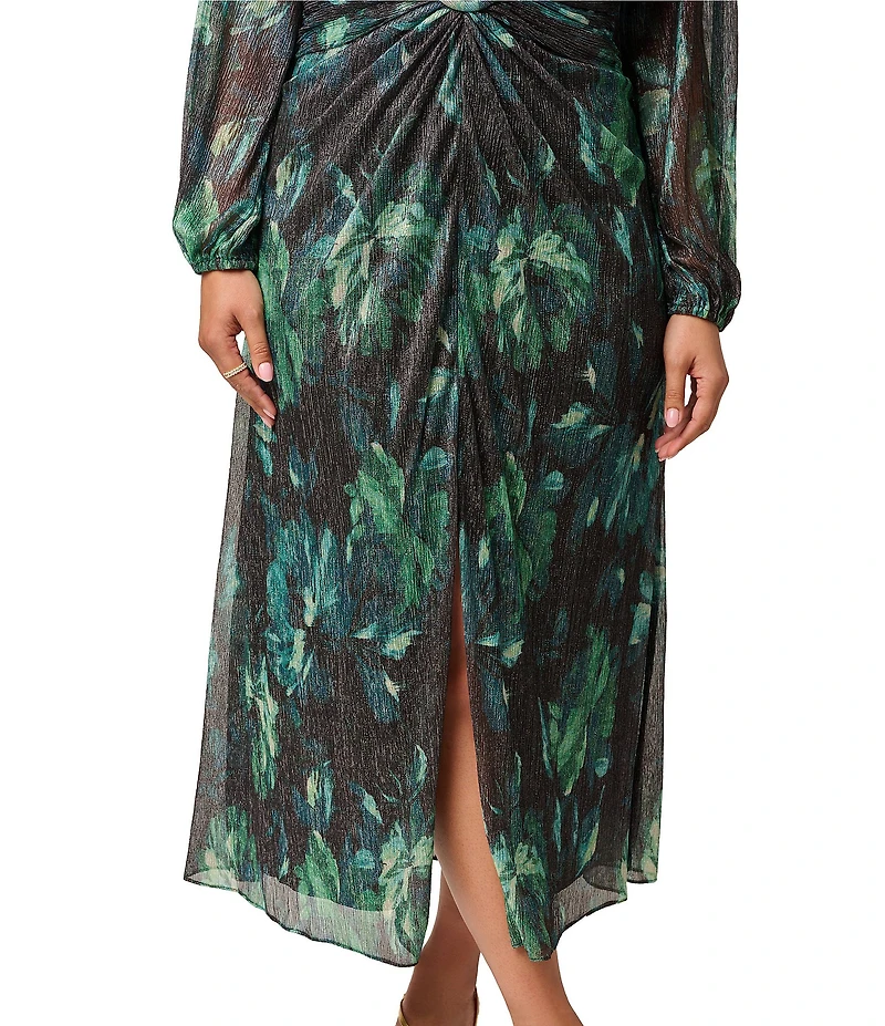 Adrianna Papell Plus Size Metallic Floral Mesh Long Sleeve V Neck Dress