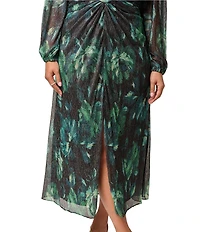 Adrianna Papell Plus Size Metallic Floral Mesh Long Sleeve V Neck Dress