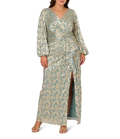 Adrianna Papell Plus Size Metallic Foil Print Crinkle Knit Surplice Neck Long Sleeve Ruffle Gown