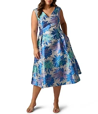 Adrianna Papell Plus Size Metallic Jacquard Floral Print Fit And Flare Midi Dress