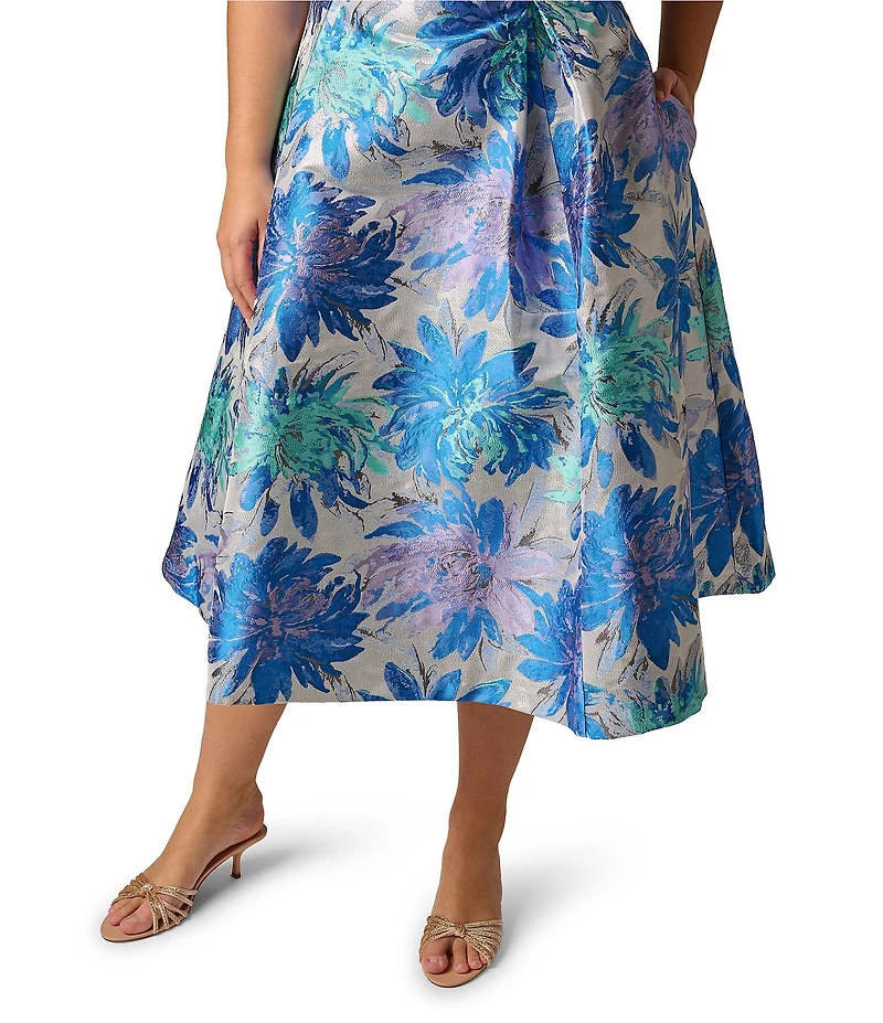 Adrianna Papell Plus Size Metallic Jacquard Floral Print Fit And Flare Midi Dress