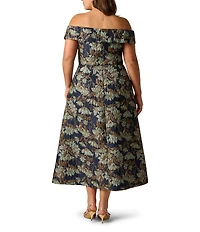 Adrianna Papell Plus Size Metallic Jacquard Floral Print Off The Shoulder Sleeveless Dress