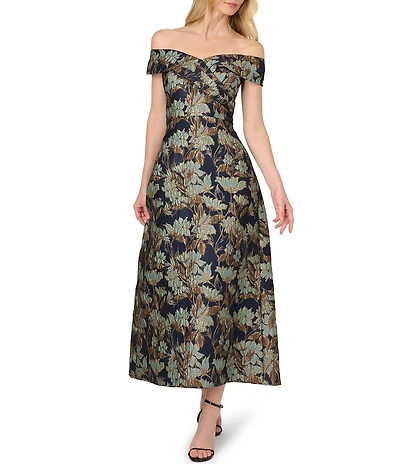Adrianna Papell Metallic Jacquard Floral Print Off The Shoulder Sleeveless Dress