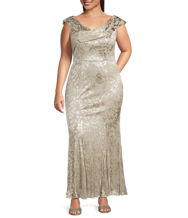 Adrianna Papell Plus Size Novelty Foil Floral Print Off-The-Shoulder Mermaid Gown