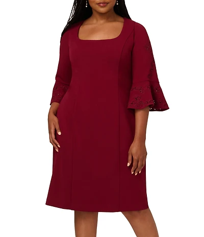 Adrianna Papell Plus Size Novelty Knit 3/4 Bell Sleeve Crepe Sheath Dress