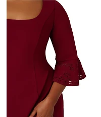 Adrianna Papell Plus Size Novelty Knit 3/4 Bell Sleeve Crepe Sheath Dress