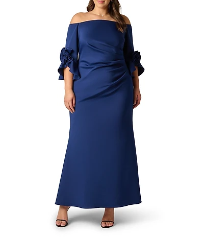 Adrianna Papell Plus Size Off-The-Shoulder Rosette Tulip Sleeve Sheath Long Gown