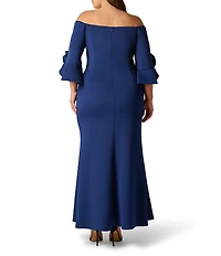Adrianna Papell Plus Size Off-The-Shoulder Rosette Tulip Sleeve Sheath Long Gown