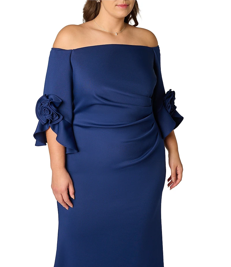 Adrianna Papell Plus Size Off-The-Shoulder Rosette Tulip Sleeve Sheath Long Gown