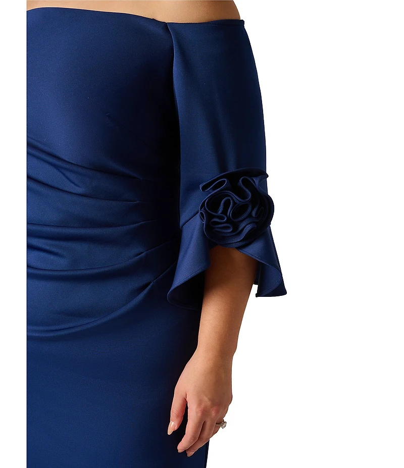 Adrianna Papell Plus Size Off-The-Shoulder Rosette Tulip Sleeve Sheath Long Gown