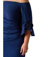 Adrianna Papell Plus Size Off-The-Shoulder Rosette Tulip Sleeve Sheath Long Gown