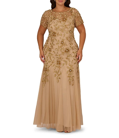 Adrianna Papell Plus Size Round Neck Short Sleeve Floral Beaded Mesh Godet Fit and Flare Long Gown