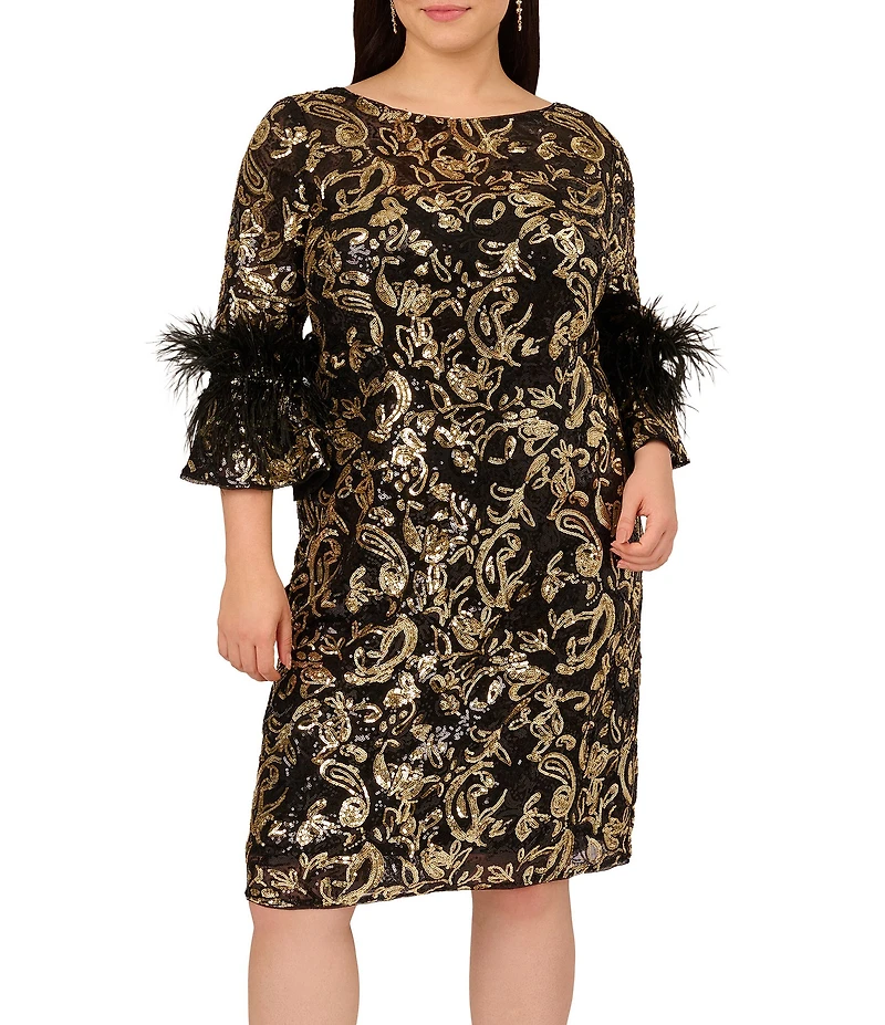 Adrianna Papell Plus Size Sequin Embroidered Boat Neck 3/4 Feather Sleeve Sheath Midi Dress