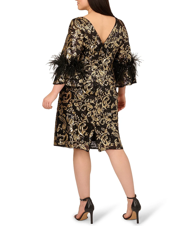 Adrianna Papell Plus Size Sequin Embroidered Boat Neck 3/4 Feather Sleeve Sheath Midi Dress
