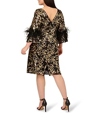 Adrianna Papell Plus Size Sequin Embroidered Boat Neck 3/4 Feather Sleeve Sheath Midi Dress