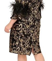 Adrianna Papell Plus Size Sequin Embroidered Boat Neck 3/4 Feather Sleeve Sheath Midi Dress